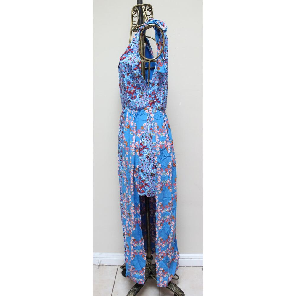 Sandro Blue Floral Tie Plunging Slit Short Long Summer Dress Size 40/Large - Picture 4 of 7